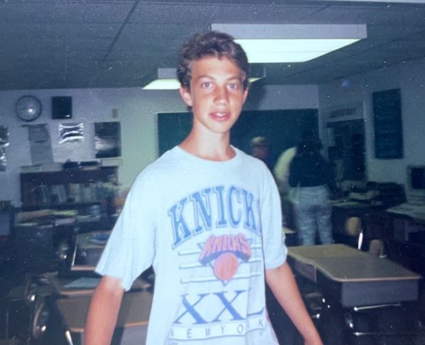 TestCrackers co-founder Seth wearing a Knicks shirt in 1992