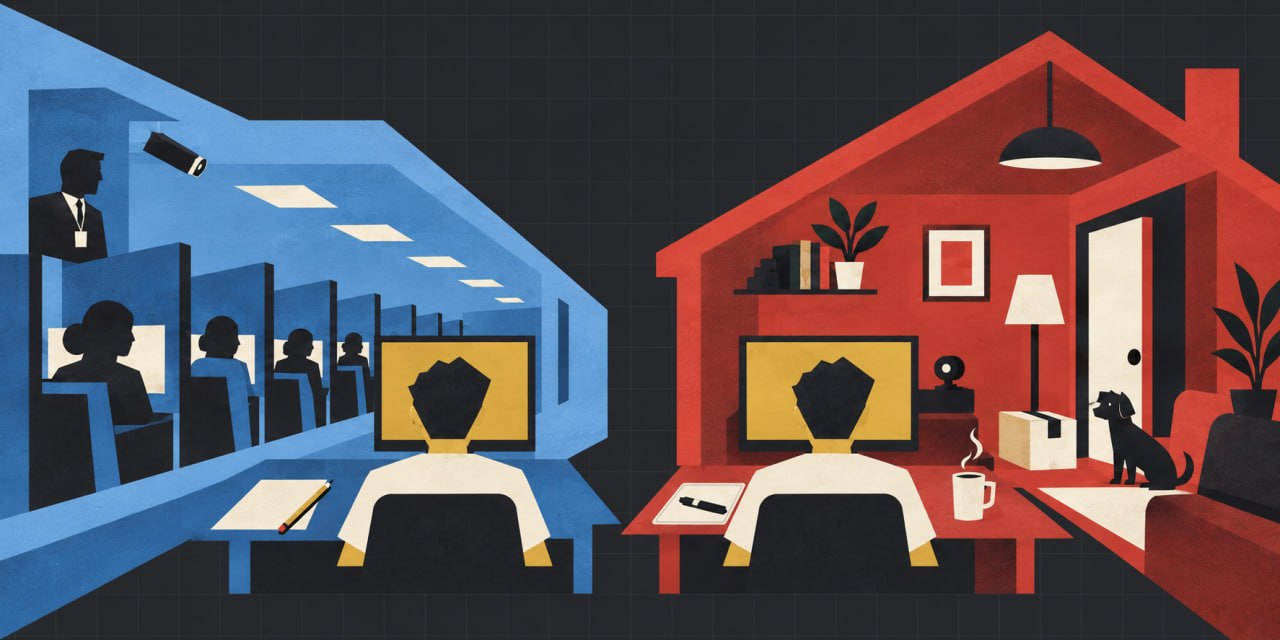 Illustration comparing GRE test center (blue, cubicles, proctor, security camera) versus at-home testing (red, home office, webcam, dog)