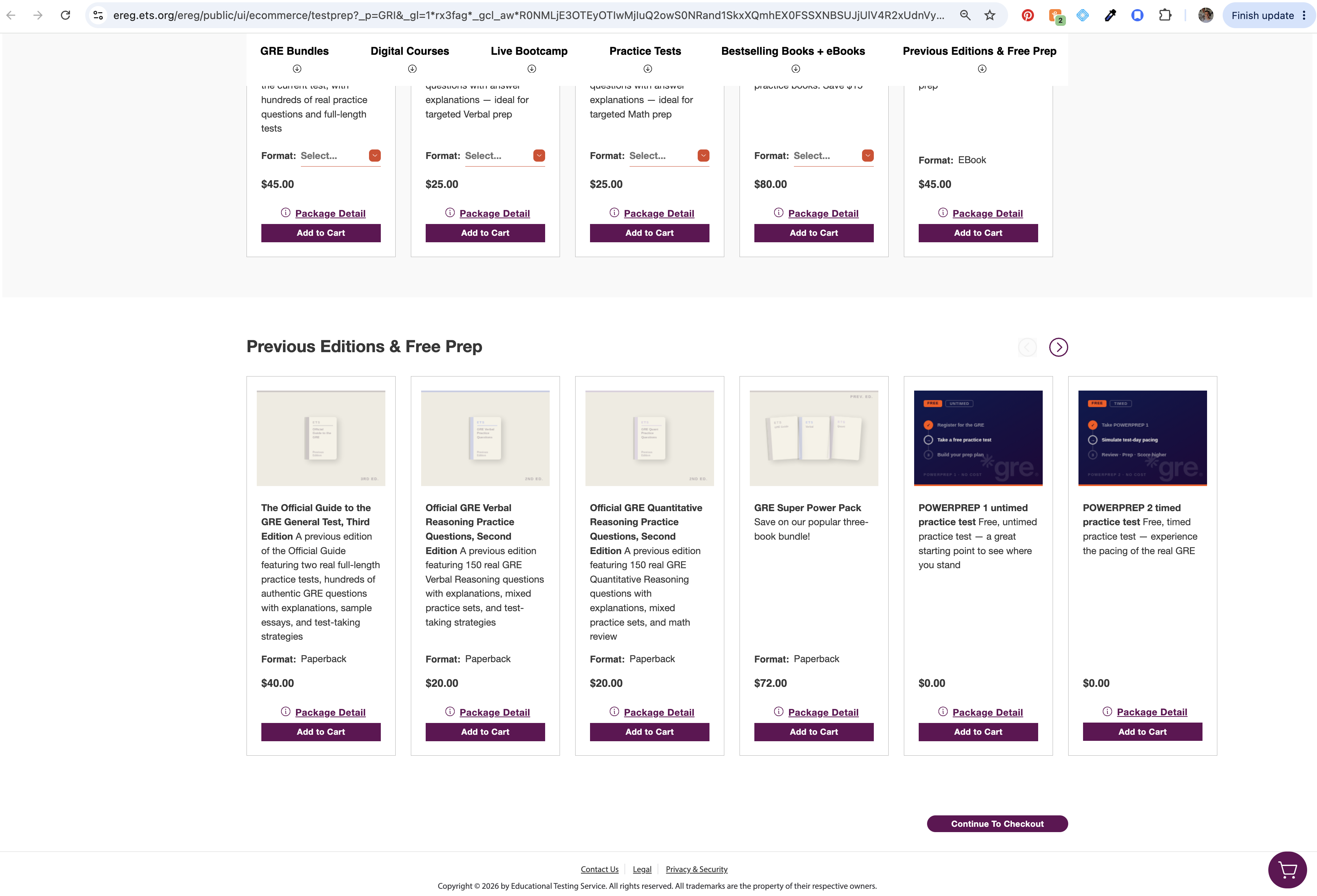 Screenshot of ETS store showing the free PowerPrep tests in the Previous Editions and Free Prep section at the bottom of the page