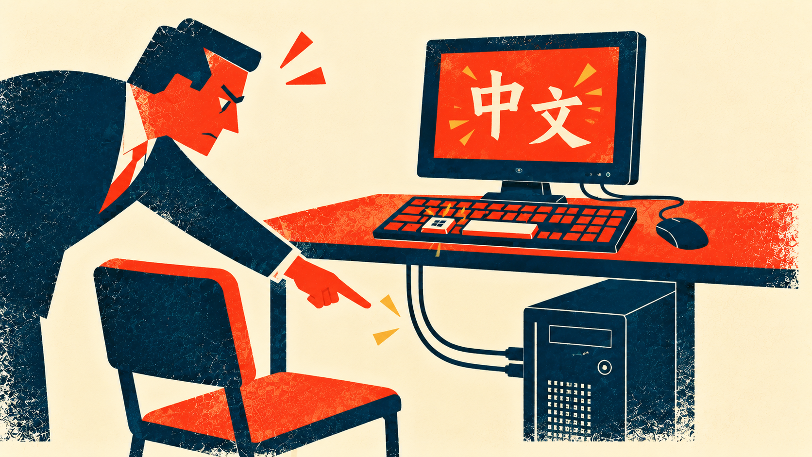 A frustrated man at a desk points at a computer monitor displaying Chinese characters, illustrating an unexpected problem that requires proper diagnosis.