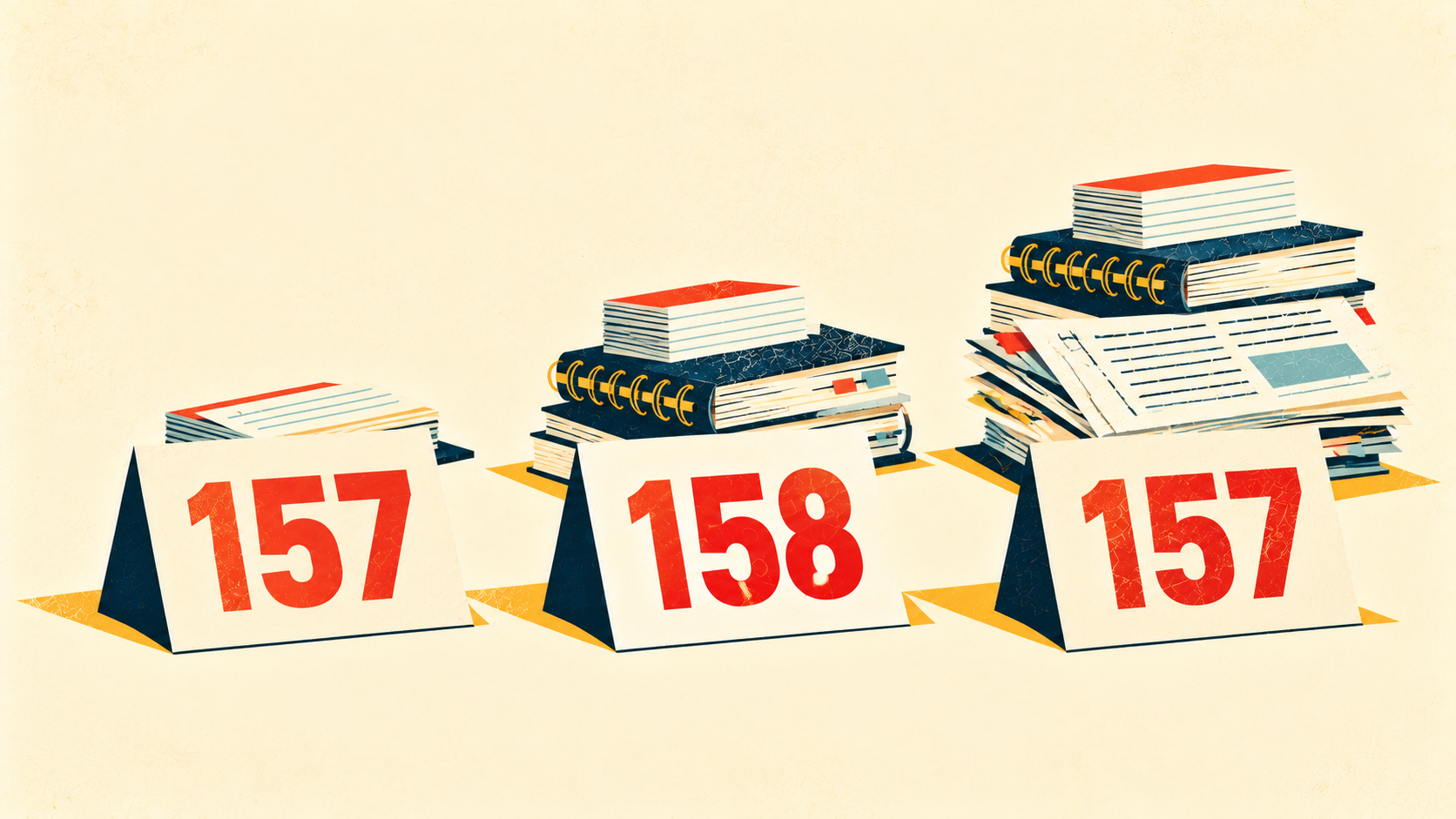 Three growing stacks of books labeled 157, 158, and 157, illustrating flat GRE scores despite increasing study effort.