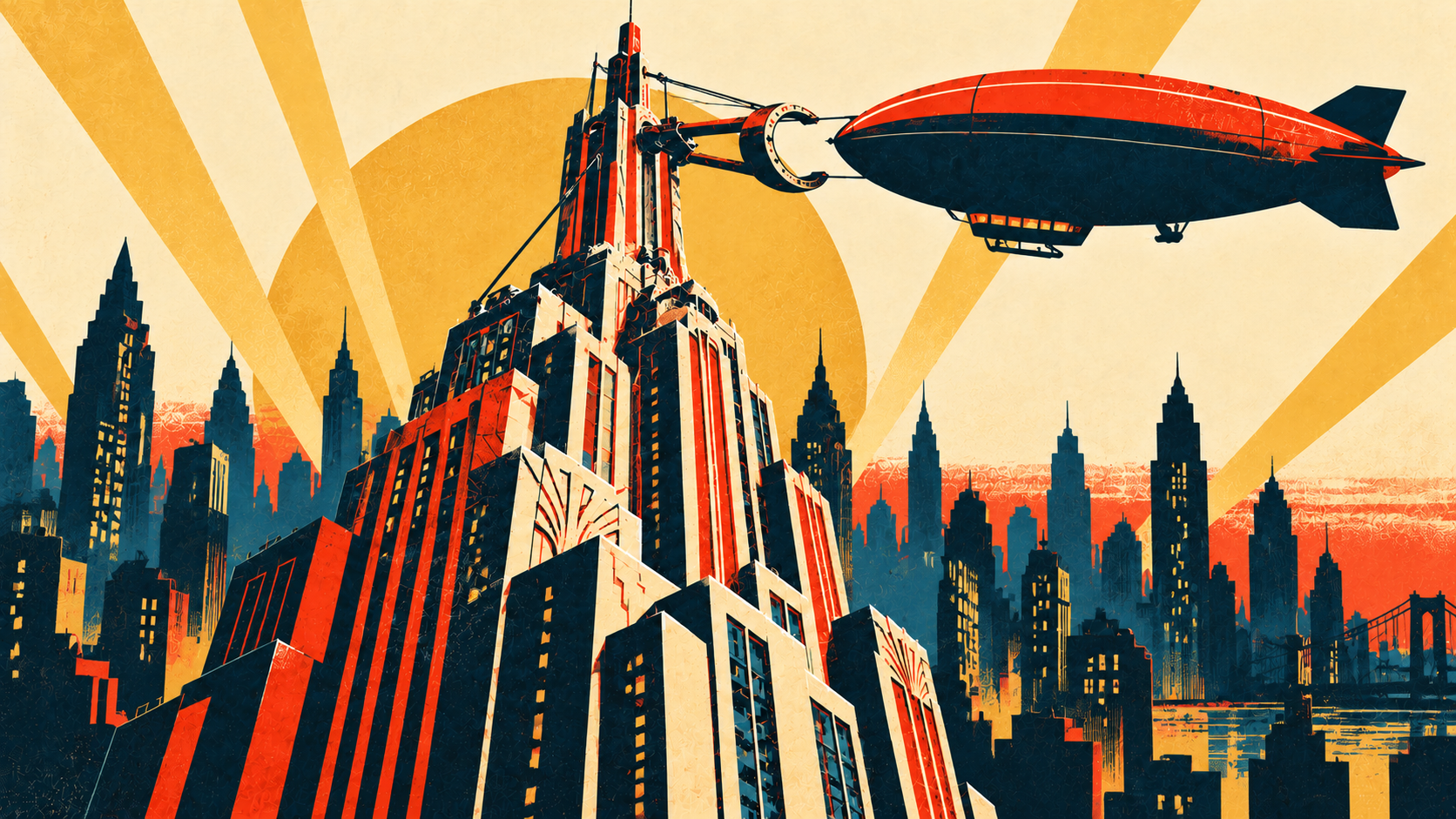 An Art Deco illustration of a red zeppelin docking at the top of a skyscraper, symbolizing elegant preparation for the wrong challenge.