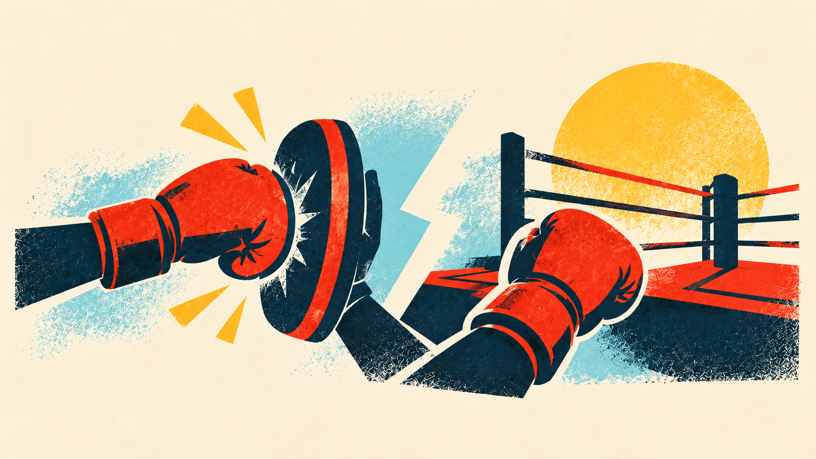 Two boxing gloves clash in a ring with a lightning bolt between them, symbolizing the difference between practice sparring and pad work.