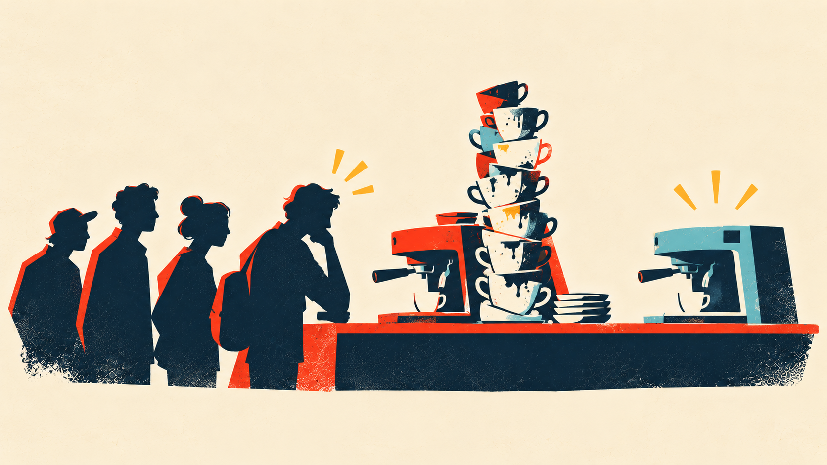Silhouetted people wait in line at a counter with a teetering stack of coffee cups beside an overwhelmed espresso machine, illustrating how the real bottleneck is often hidden.