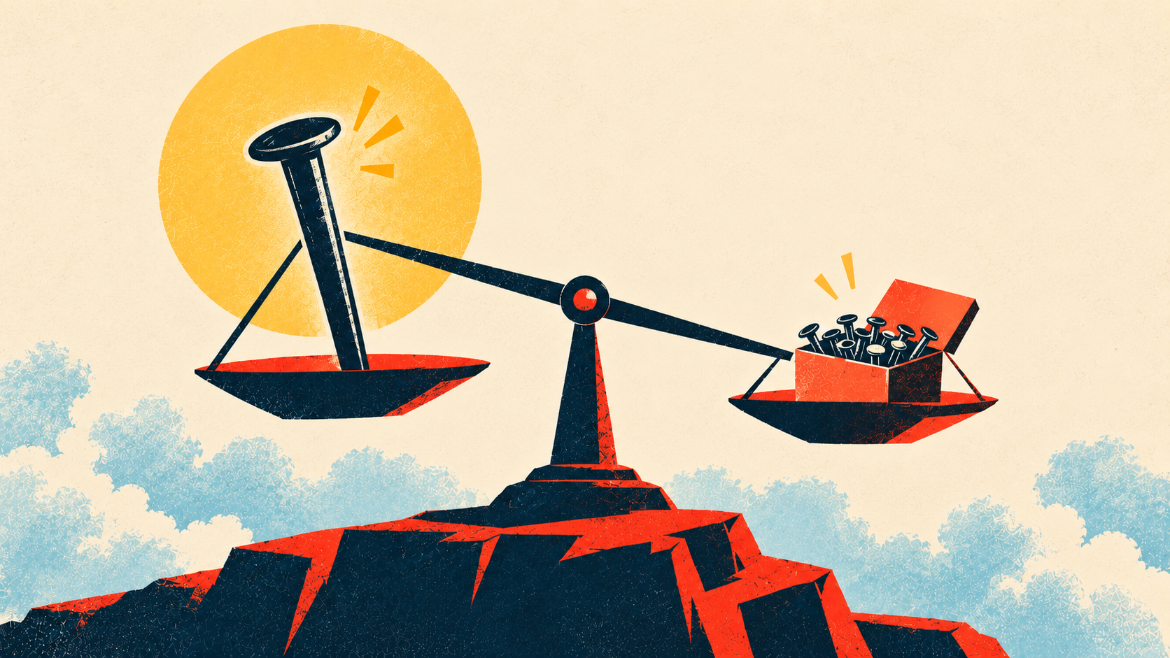 A balance scale on a mountaintop weighs a single large nail against a box of many small nails, illustrating the difference between optimizing for the right metric versus the wrong one.