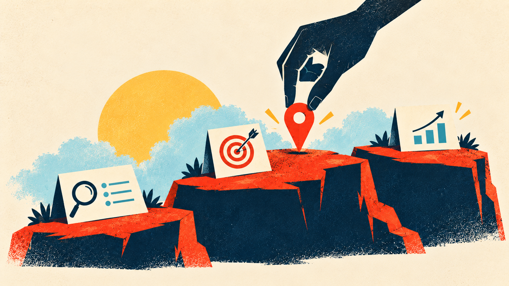 A hand places a location pin on the center peak among three plateaus displaying strategy icons, representing targeted action to break through a score plateau.