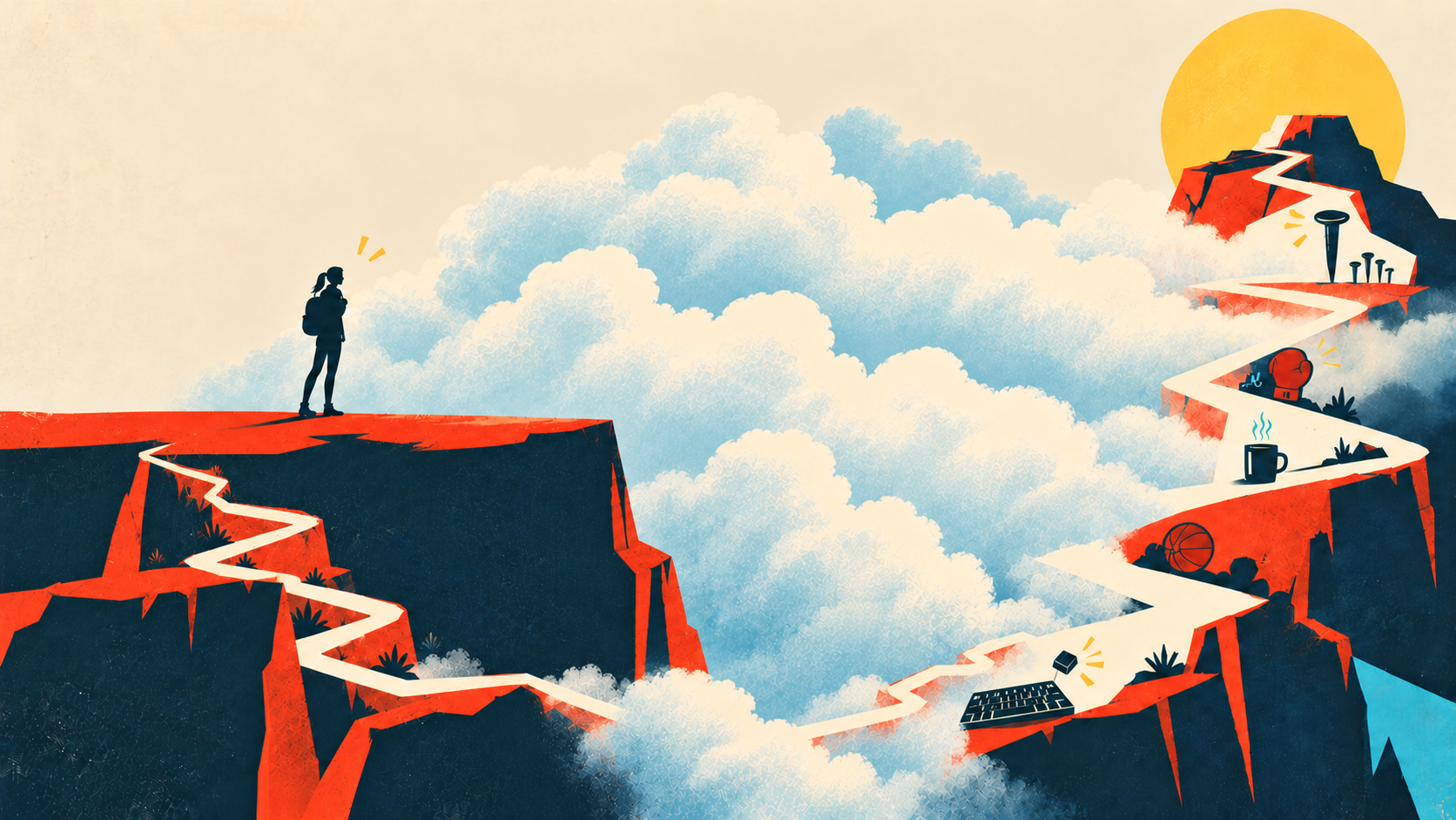 A hiker stands on a cliff edge looking across a cloud-filled valley toward a winding path up a distant mountain, symbolizing the journey through a GRE score plateau.