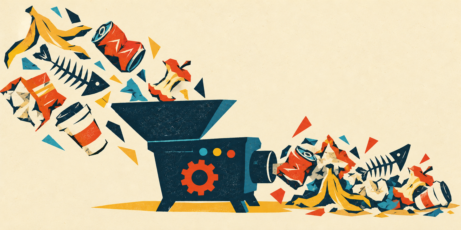 Books, puzzle pieces, and question marks being fed into a grinder machine, which outputs tangled ribbons and crumpled paper, illustrating how bad practice materials produce bad results.
