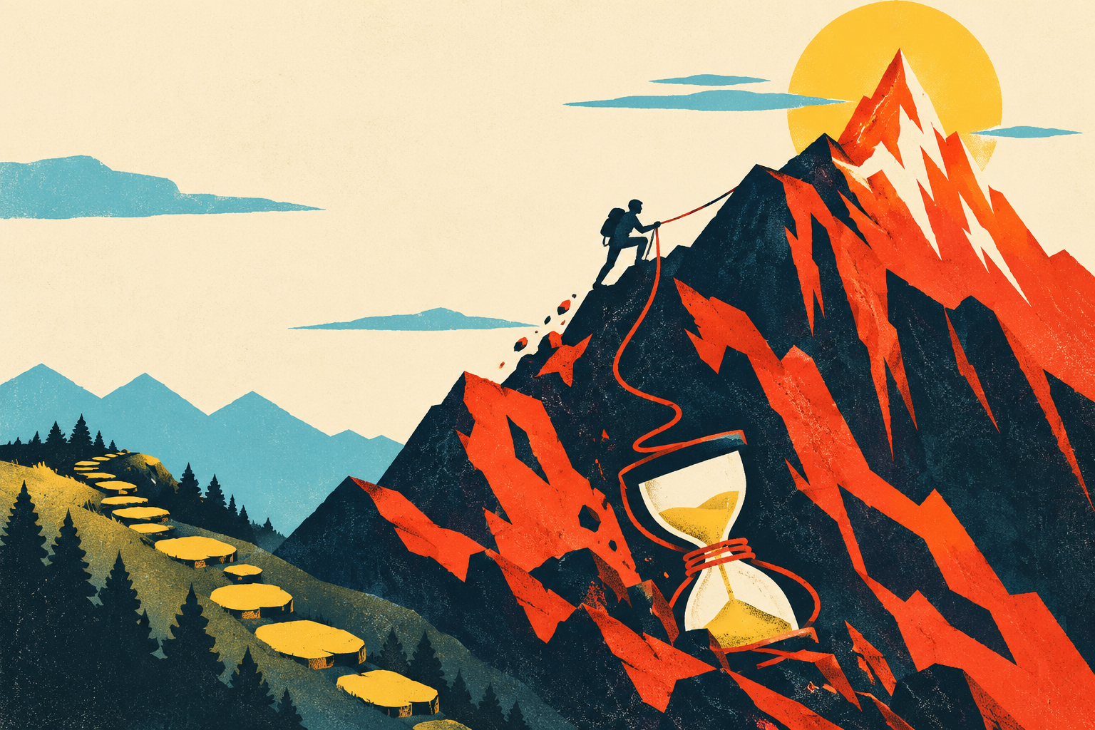 A hiker climbs a steep mountain peak toward a rising sun, with an hourglass wrapped around the mountainside, symbolizing the time cost of chasing hard questions.