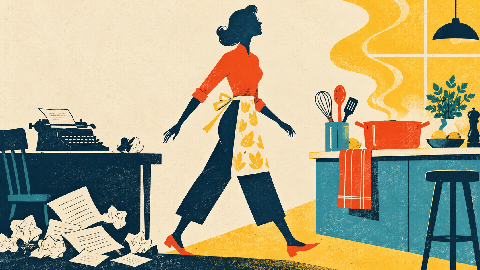 A woman walks away from a cluttered writing desk with a typewriter toward a tidy kitchen with a steaming pot, illustrating Julia Child's pivot from writing to cooking.
